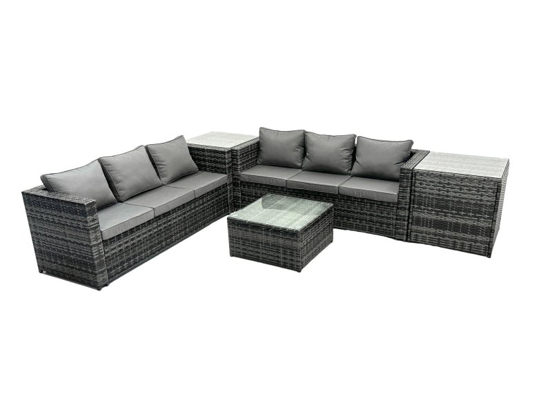 Fimous Outdoor Rattan Garden Furniture Set 6 Seater Patio Lounge Sofa Set with Square Coffee Table 2 Side Table Dark Grey Mixed