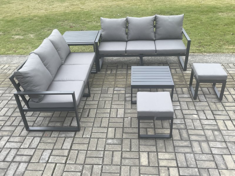 Fimous Aluminium 6 Pieces Garden Furniture Sofa Set with Cushions 8 Seater Outdoor Patio Set with Square Coffee Table 2 Small Footstools Side Table Dark Grey