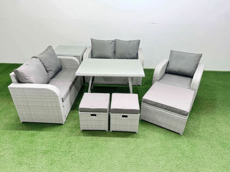 Fimous 8 Seater Outdoor Rattan Garden Furniture Set Love Sofa Reclining Chair Set with Rectangular Dining Table Side Table 3 Footstools Light Grey