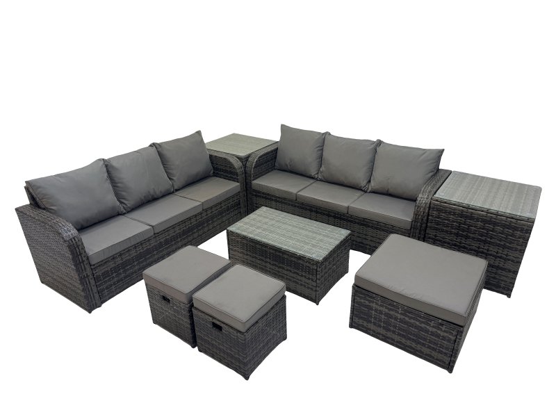 Fimous Outdoor 3 Seater Sofa Coffee Table Set Garden Rattan Furniture Set 9 Seater with 3 Stool 2 Side Tables Dark Grey