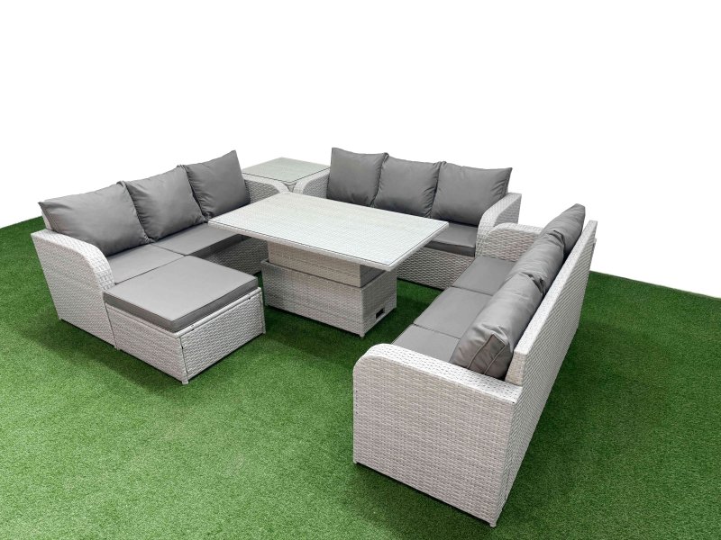Fimous PE Rattan Lounge Sofa Set 10 Seater Outdoor Garden Furniture Set with Adjustable Lifting Dining or Coffee Table 3 Seater Sofa Big Footstool Side Table Light Grey
