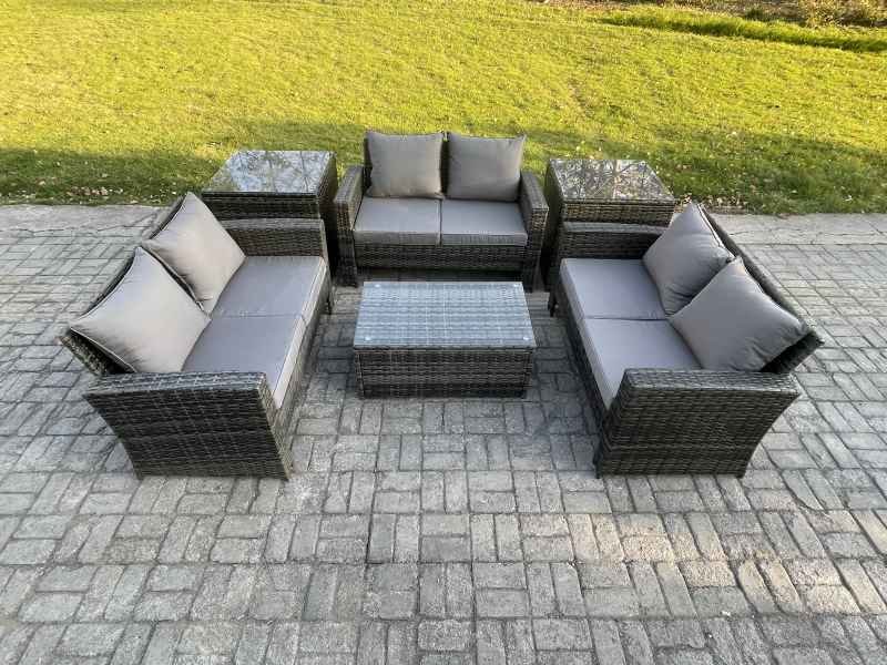 Fimous Dark Grey 6 Seater Outdoor Rattan Garden Furniture Set Patio Love Sofa Rectangular Coffee Table Set with 2 Side Tables