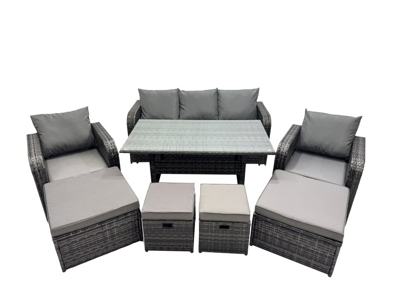 Fimous 8 Seat Outdoor Wicker PE Rattan Garden Furniture Set Dining Table Sofa Set with 4 Stools Dark Grey Mixed