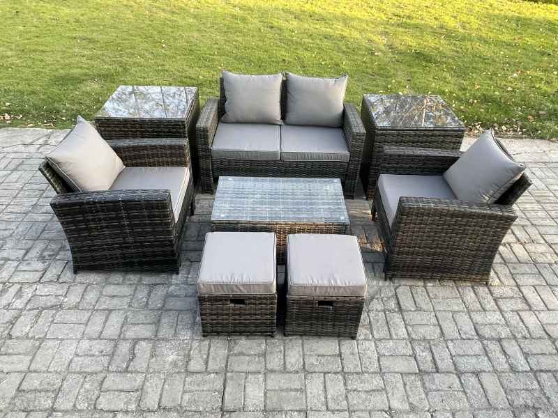 Fimous 6 Seater Dark Grey Outdoor Rattan Garden Furniture Set Patio Lounge Sofa Rectangular Coffee Table with 2 Side Table 2 Small Footstools