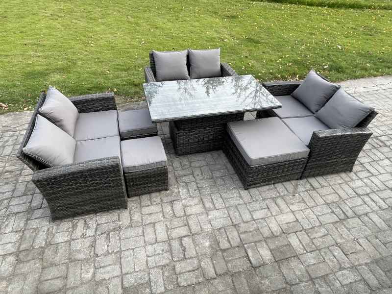 Fimous Wicker PE Rattan Garden Furniture Set Height Adjustable Rising Lifting Table Sofa Dining Set with Double Seat Sofa 3 Footstools Dark Grey Mixed