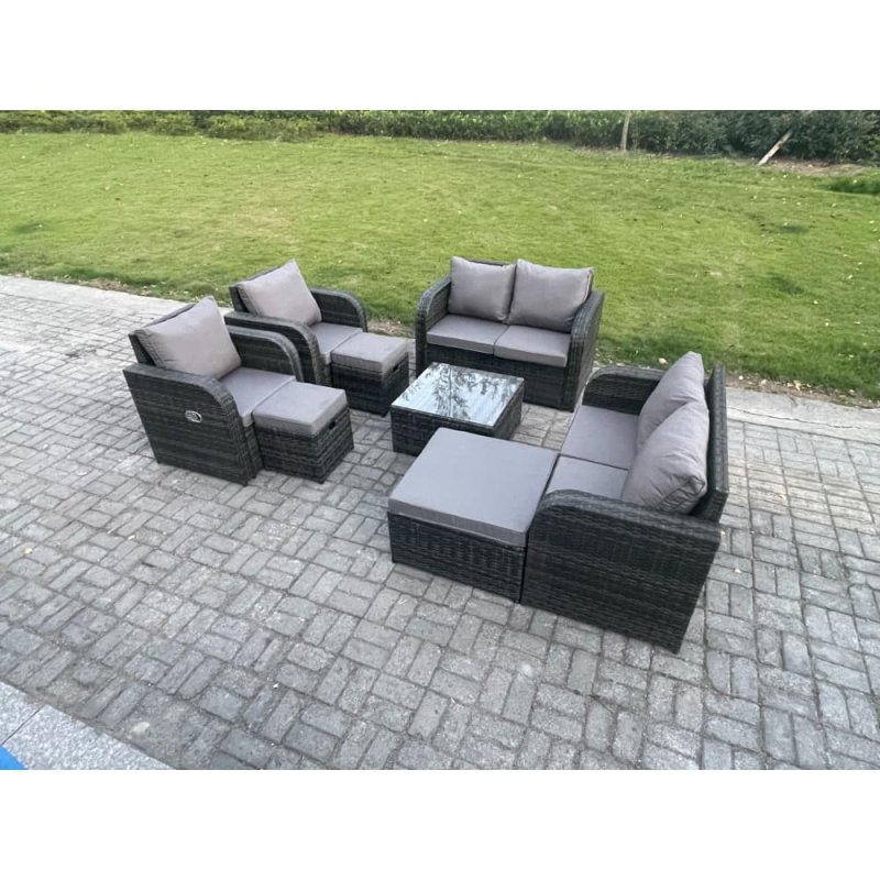 Fimous Garden Furniture Set Rattan Outdoor Lounge Sofa Chair With Tempered Glass Table 3 Footstools Dark Grey Mixed