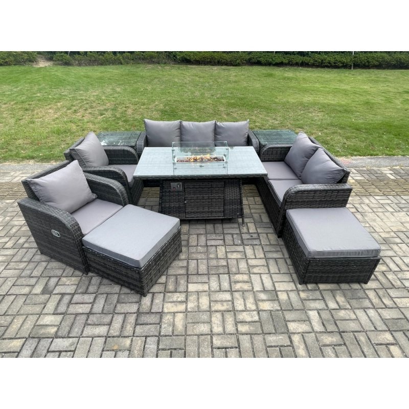 Fimous PE Wicker Outdoor Rattan Garden Furniture Set Propane Gas Fire Pit Table and Sofa Chair set with 2 Side Tables 2 Big Footstool
