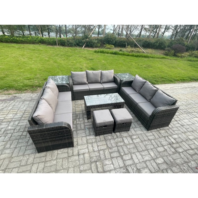 Fimous Rattan Garden Furniture Set 11 Seater Indoor Outdoor Patio Sofa Set with Coffee Table 2 Small Footstools 2 Side Tables Dark Grey Mixed