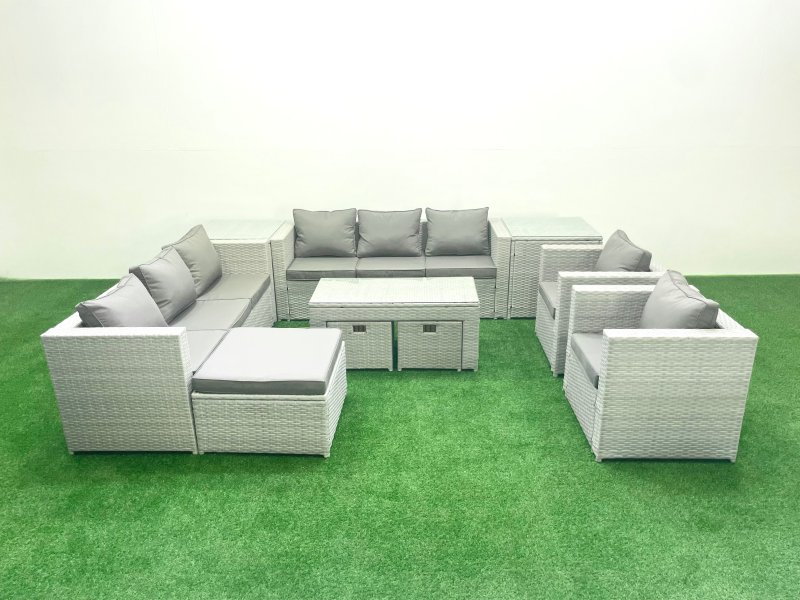 Fimous Outdoor Garden Furniture Rattan Sofa Set with 2 Armchairs Oblong Coffee Table 3 Footstools 2 Side Tables Light Grey Mixed