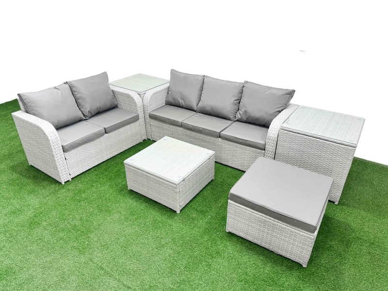 Fimous 6 Seater PE Rattan Wicker Garden Furniture Patio Conservatory Sofa Set with Square Coffee Table 3 Seater Sofa Love Sofa Big Footstool 2 Side Table