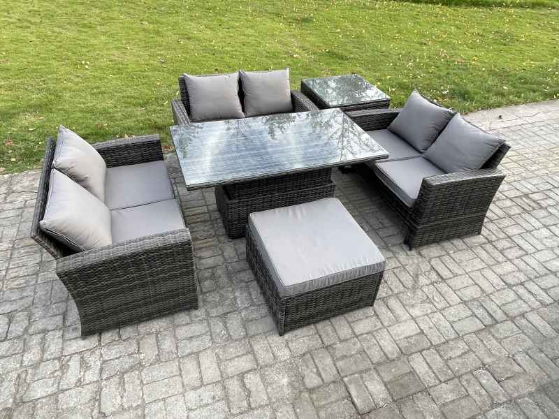 Fimous 7 Seater Rattan Wicker Garden Furniture Patio Conservatory Sofa Set with Height Adjustable Rising Lifting Table Double Seat Sofa Big Footstool Side Table
