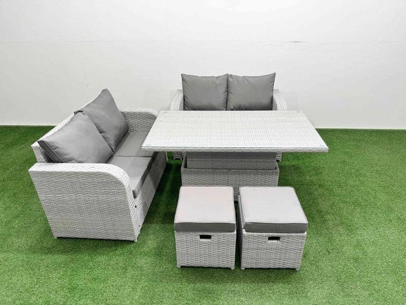 Fimous 6 Seater Outdoor Love Sofa Set Rattan Garden Furniture Set with Adjustable Lifting Dining or Coffee Table 2 Small Stools Light Grey