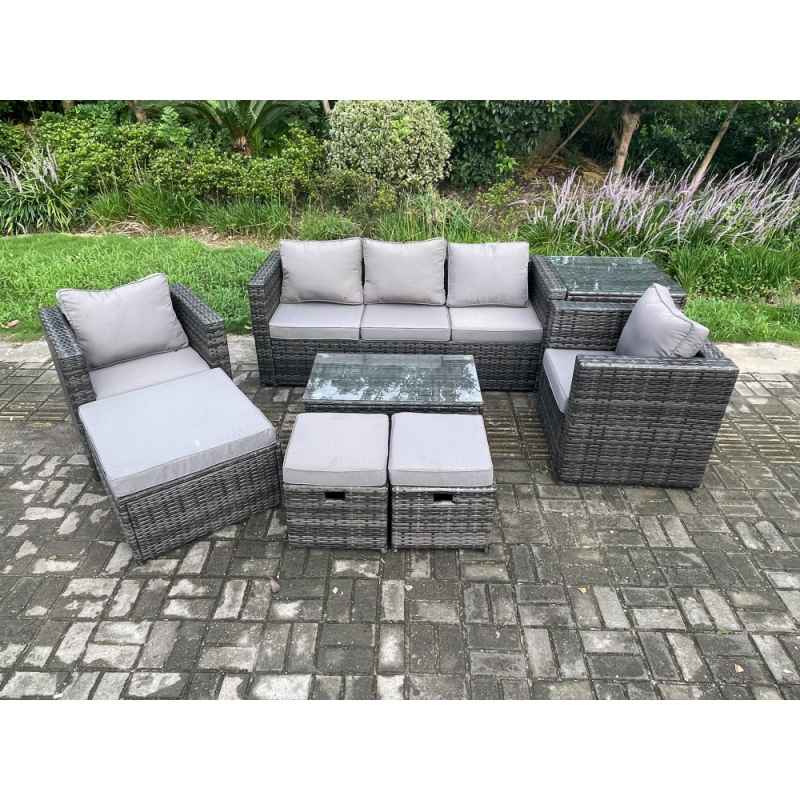 Fimous Outdoor Rattan Garden Furniture Set with 3 Seater Sofa Coffee Table Side Table 2 Armchairs 3 Footstools Patio Lounge Sofa Set Dark Grey Mixed
