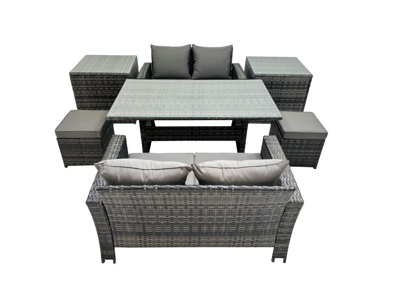 Fimous 6 Seater Wicker PE Rattan Furniture Outdoor Dining Table Double Seat Sofa 2 Side Table 2 Small Stools Set Dark Grey Mixed