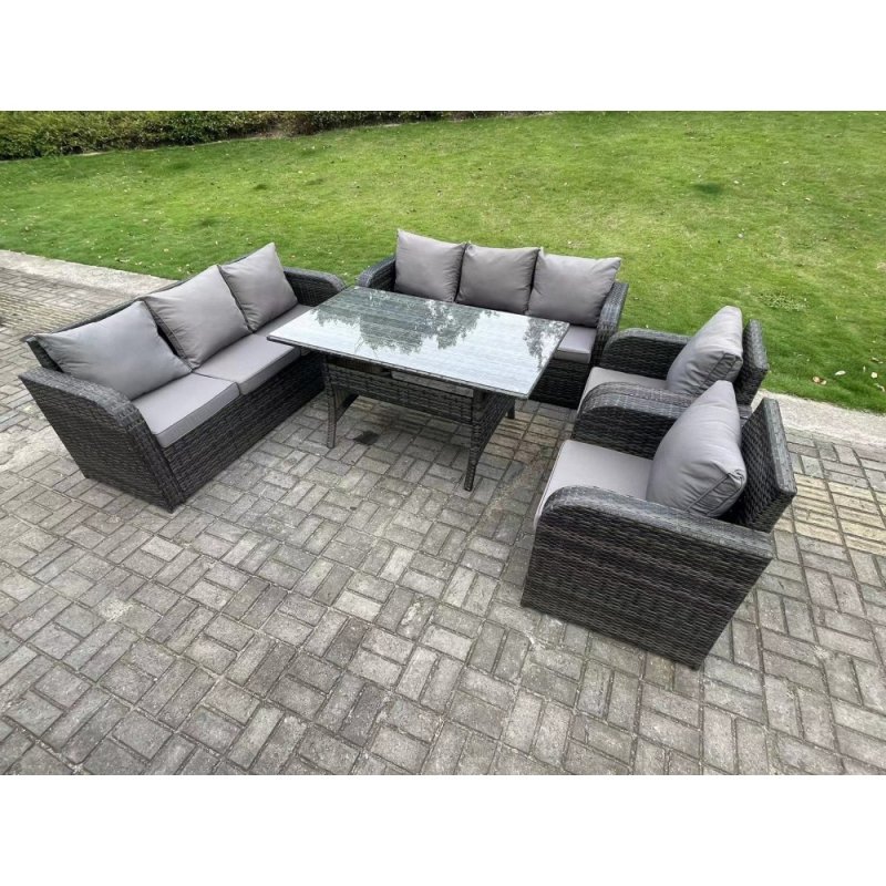 Fimous 8 Seater Dark Grey PE Wicker Rattan Garden Furniture Set Reclining Chair Lounge 3 Seater Sofa Set Outdoor Rectangular Dining Table
