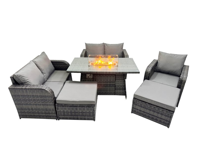Fimous 7-seater Patio Gas Firpit Dining Table Sofa Sets Rattan Garden Furniture Dining Set with 2 Big Stools Dark Grey Mixed