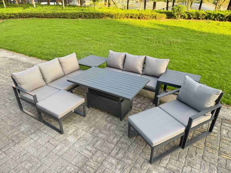 Fimous Garden Aluminium Furniture Set Dark Grey 9 Seater Outdoor Patio Adjustable Rising Lifting Dining Table with 2 Big Footstools Side Table Dark Grey