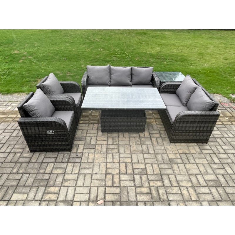 Fimous Wicker PE Rattan Outdoor Garden Furniture Sets Height Adjustable Rising lifting Dining Table Reclining Chair Sofa Set with Side Table Dark Grey Mixed