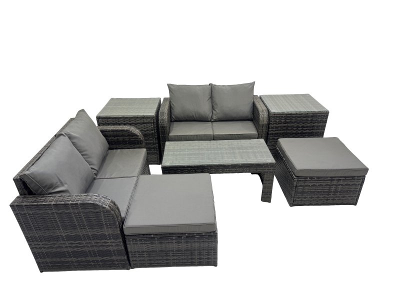 Fimous 3 Seater Sofa Reclining Chair Coffee Table Set Rattan Garden Outdoor Furniture Set with 2 Side Tables 2 Big Stools Dark Grey Mixed