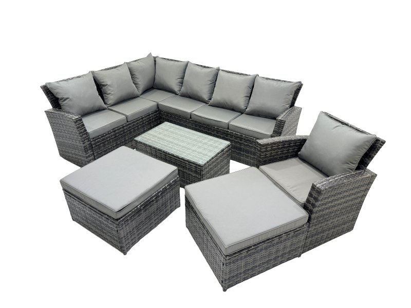 Fimous 9 Seat Rattan High Back Corner Sofa Set Patio Coffee Table Set with 2 Big Stools Dark Grey Mixed