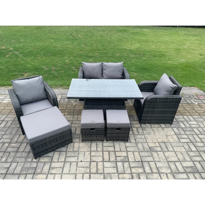 Fimous Wicker PE Rattan Furniture Garden Dining Set Outdoor Height Adjustable Rising lifting Table Love Sofa Chair With 3 Stools