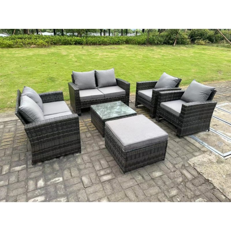 Fimous 7 Seater Dark Grey Mixed High Back Rattan Sofa Set Square Coffee Table Garden Furniture 2 Seater Sofa Chairs Outdoor Patio