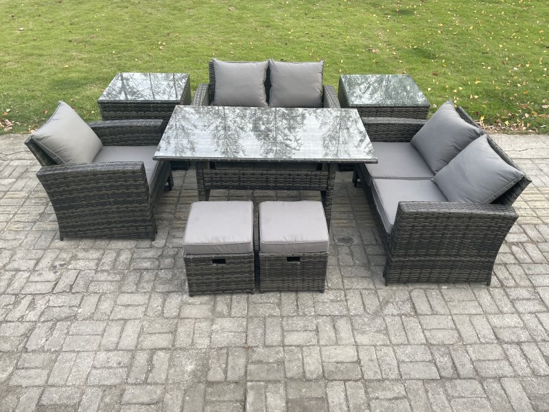 Fimous Outdoor Garden Dining Set Wicker PE Rattan Furniture Sofa with Rectangular Dining Table Double Seat Sofa 2 Side Tables 2 Small Footstools Dark Grey Mixed