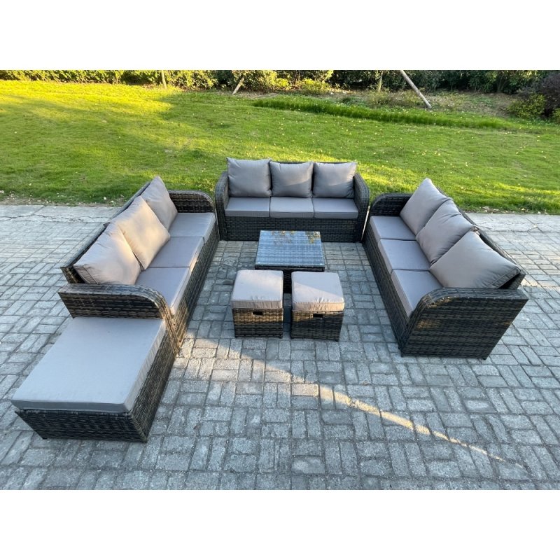 Fimous 12 Seater Rattan Outdoor Furniture Set Patio Garden Sofa Set with Square Coffee Table 3 Seater Sofa 3 Footstools Dark Grey Mixed