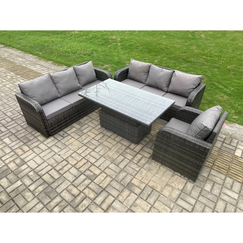 Fimous 7 Seater Outdoor Rattan Garden Furniture Sets Height Adjustable Rising lifting Dining Table Sofa Set with Reclining Chair Dark Grey Mixed