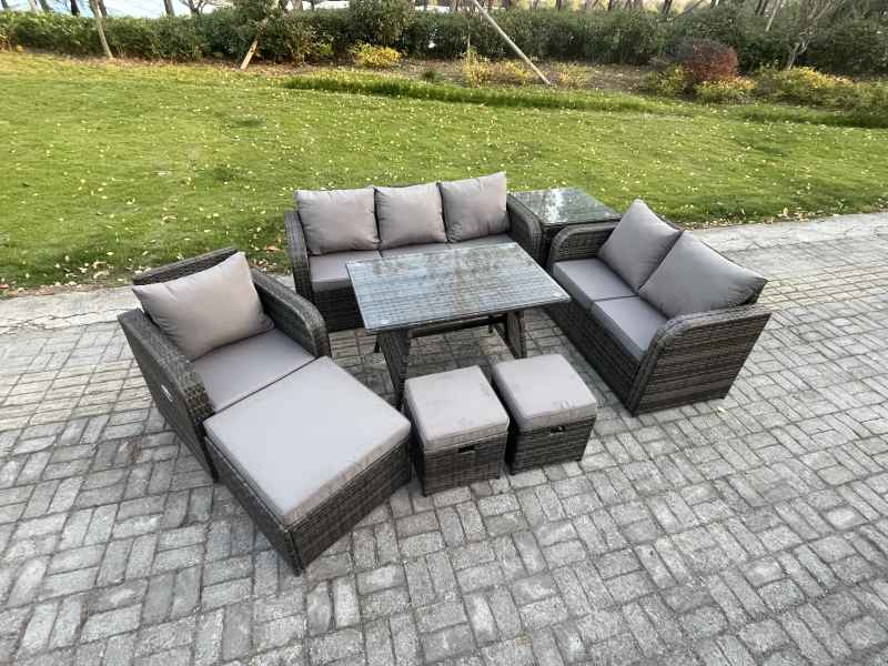 Fimous 9 Seater Outdoor Rattan Garden Furniture Set Patio Lounge Sofa Set with Dining Table 3 Footstools Side Table Dark Grey Mixed