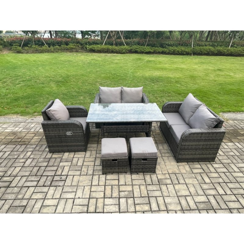 Fimous 7 Seater Lounge Rattan Sofa Set Outdoor Garden Furniture Oblong Rectangular Dining Table With Chairs Footstools Dark Grey Mixed