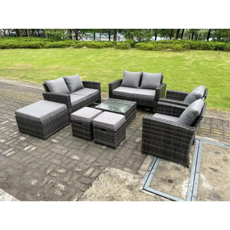Fimous 9 Seater Dark Grey Mixed High Back Rattan Sofa Set Coffee Table Garden Furniture Outdoor 3 Stools