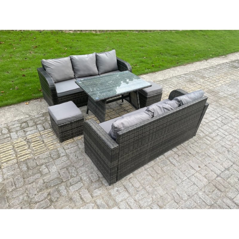 Fimous Outdoor Rattan Garden Furniture Sofa Set Dining Table Height Adjustable Rising lifting Table Lounge Sofa Small Footstools 8 Seater