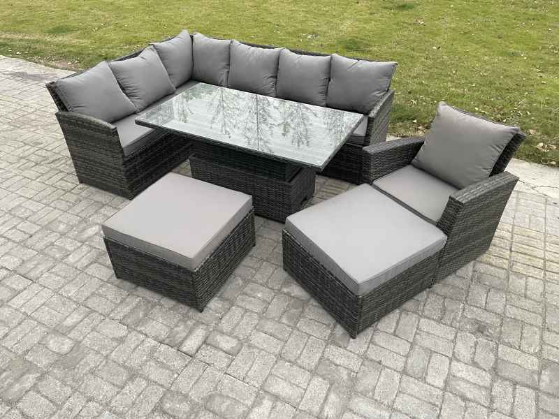 Fimous Outdoor Garden Furniture Set Wicker PE Rattan Height Adjustable Rising Lifting Table Sofa Dining Set with 2 Big Footstool Armchair Dark Grey Mixed