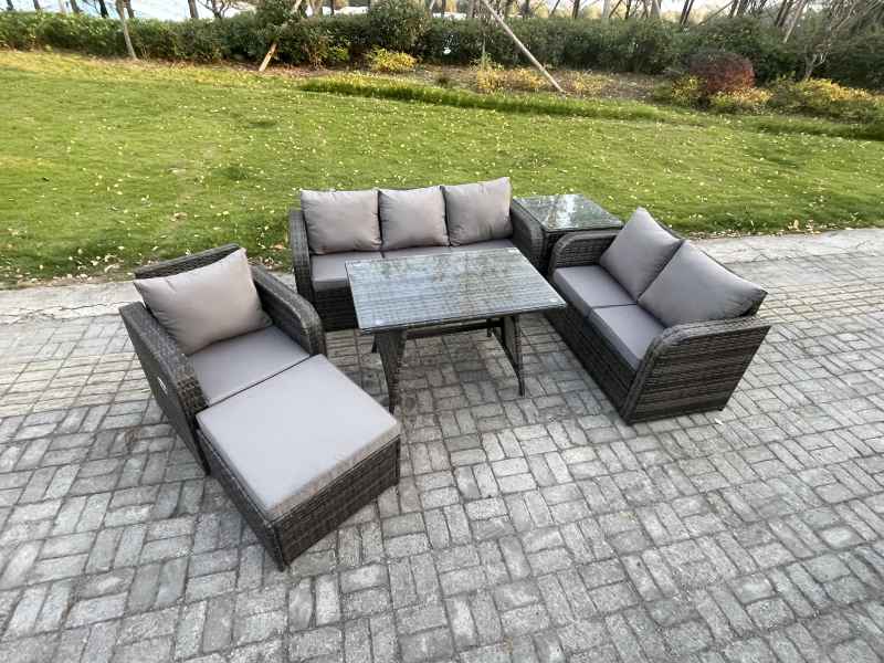 Fimous 7 Seater Outdoor Rattan Garden Furniture Set Patio Lounge Sofa Set with Dining Table Big Footstool Side Table Dark Grey Mixed