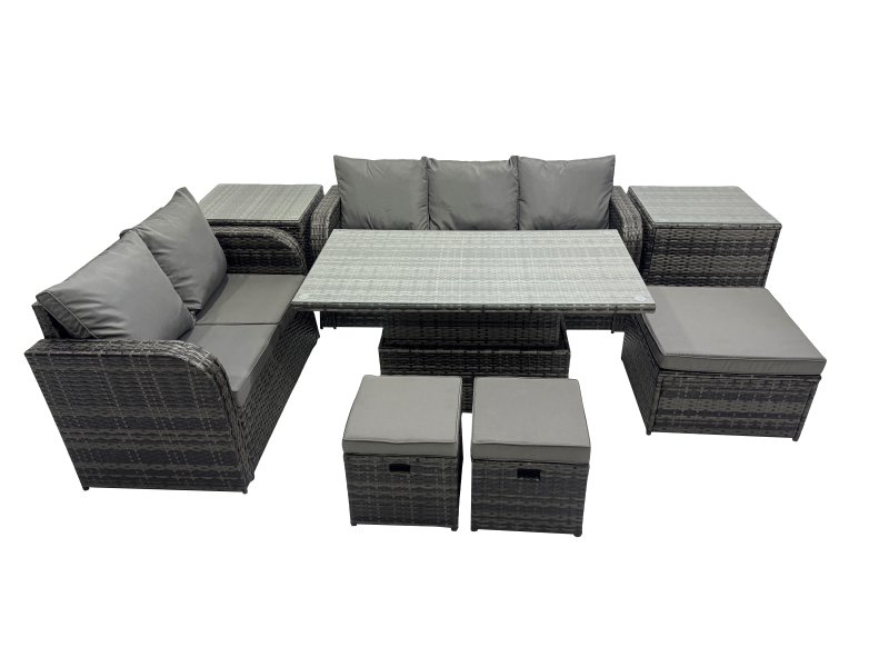 Fimous Rattan Garden Furniture Dining Set 8-seater Patio Height Adjustable Rising Lifting Table Sofa Set with 3 Footstools 2 Side Tables Dark Grey Mixed