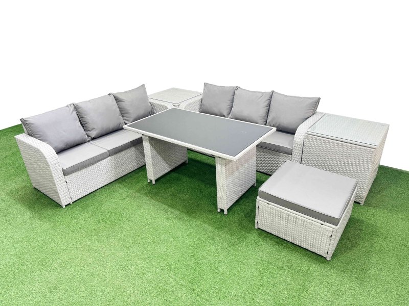Fimous 7 Seater Rattan Outdoor Dining Table 3 Seater Sofa Set with 2 Side Tables Big Stool Light Grey