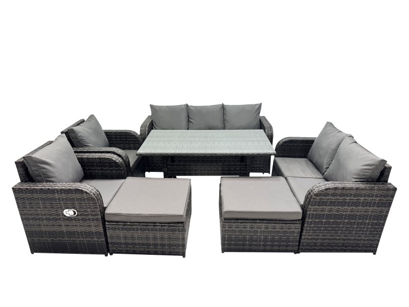 Fimous 9 Seat Outdoor Wicker PE Rattan Garden Furniture Set Dining Table Sofa Set with 2 Big Stools Dark Grey Mixed
