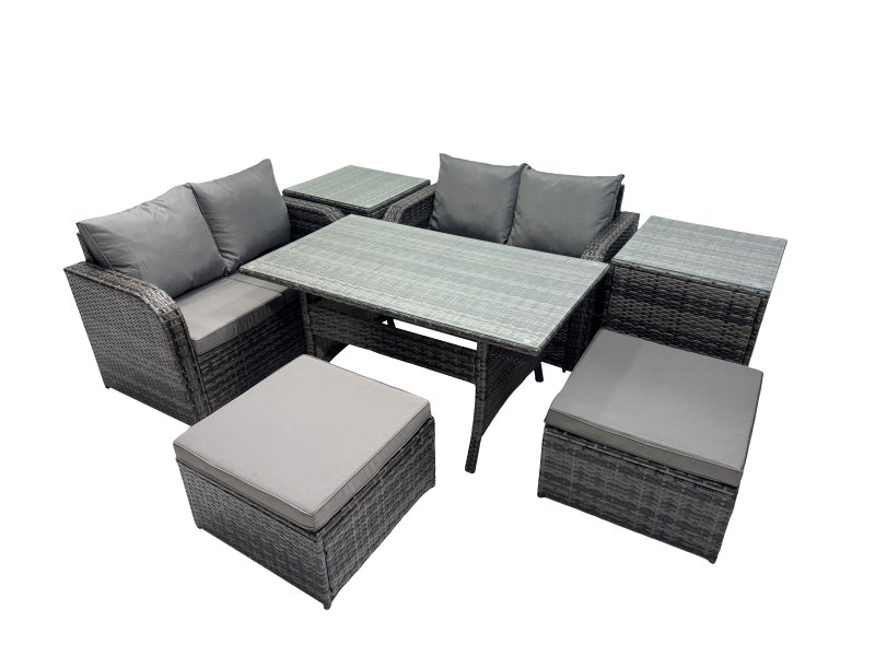 Fimous Wicker PE Rattan Garden Outdoor Furniture Set Love Sofa Dining Table Sets with 2 Side Table 2 Big Stools Dark Grey Mixed
