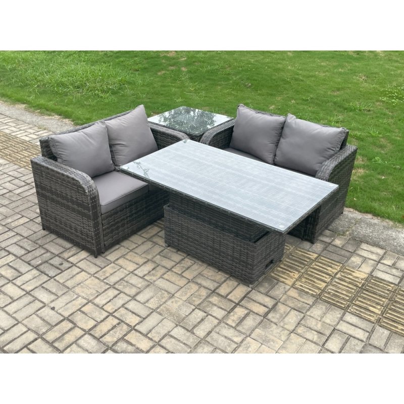 Fimous Outdoor Rattan Furniture Garden Dining Set Height Adjustable Rising lifting Table Love Sofa Set With Side Table Dark Grey Mixed