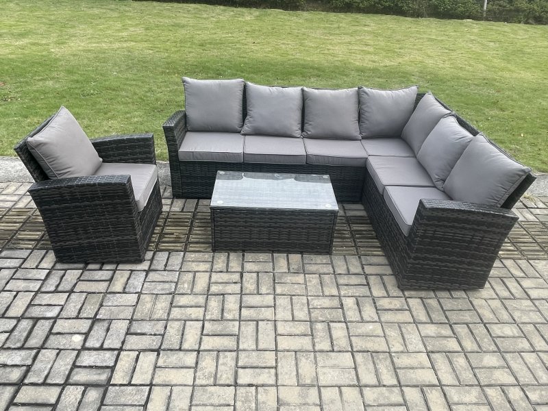 Fimous Rattan Garden Furniture Corner Sofa Set 4 Pieces Outdoor Patio Sofa Chair Table Set with Rectangular Coffee Table Dark Grey Mixed