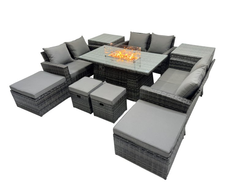 Fimous Outdoor Love Sofa Set 10 Seat Rattan Garden Furniture Set with Gas Firpit Dining Table 4 Footstools 2 Side Table Dark Grey Mixed