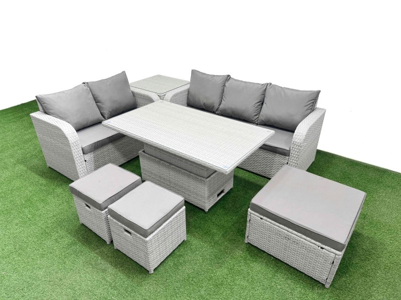 Fimous 8 Seater PE Rattan Wicker Garden Furniture Patio Conservatory Sofa Set with Adjustable Lifting Dining or Coffee Table 3 Seater Sofa Love Sofa 3 Stool Side Table