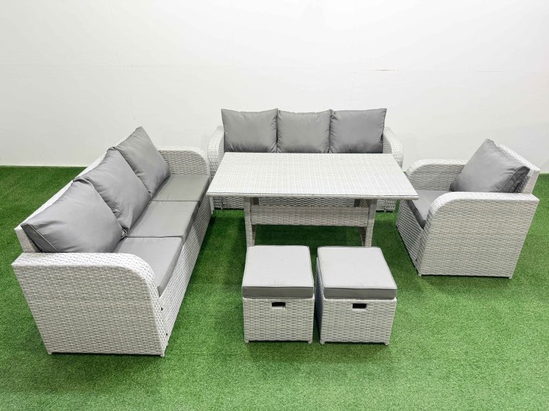 Fimous 9 Seater Poly Rattan Outdoor Garden Furniture Rectangular Dining Table Sofa Set Patio 3 Seater Sofa Reclining Chair 3 Seater Sofa Stools Light Grey