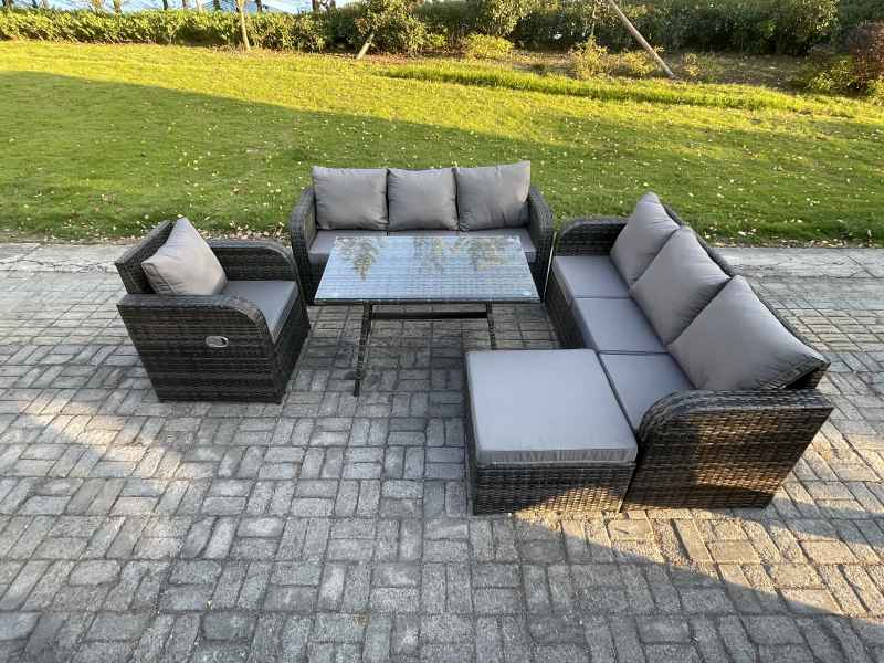 Fimous Outdoor Lounge Sofa Set Wicker PE Rattan Garden Furniture Set with Rectangular Dining Table Reclining Chair Big Footstool Dark Grey Mixed