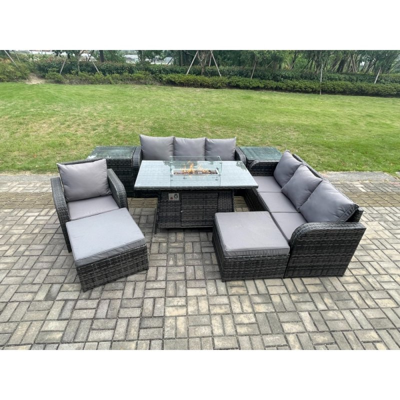 Fimous 9 Seater Rattan Garden Furniture Set Gas Fire Pit Dining Table Reclining Chair 3 Seater Sofa Set Indoor Outdoor with 2 Side Tables 2 Big Footstool