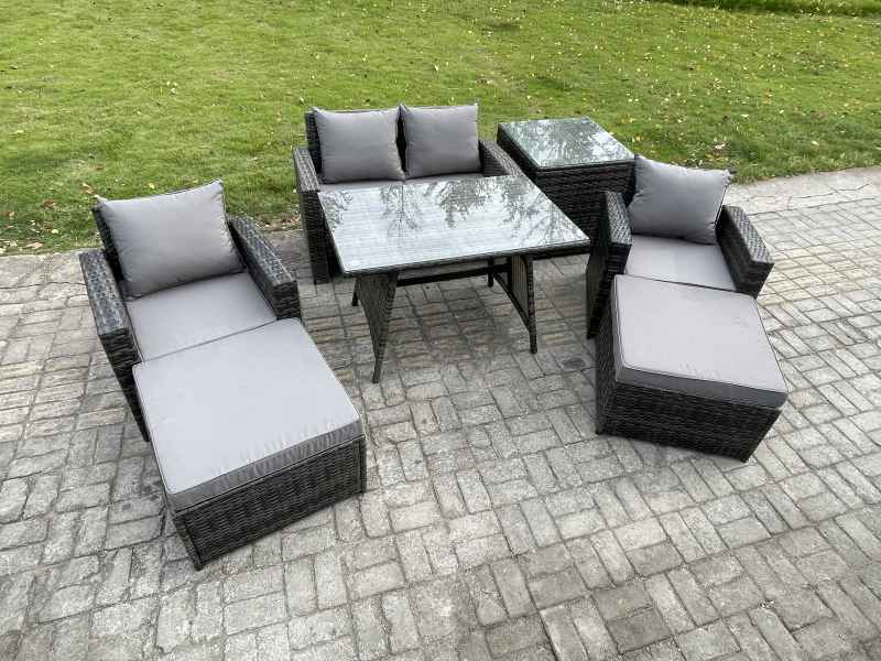 Fimous Rattan Wicker Garden Furniture Patio Conservatory Sofa Set with Rectangular Dining Table Armchair 2 Seater Sofa 2 Big Footstool Side Table