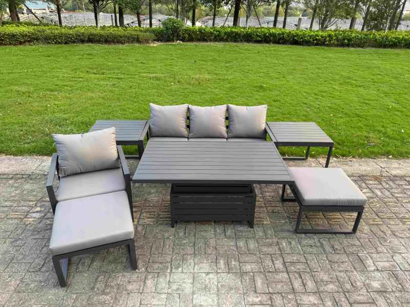 Fimous 6-Piece Aluminium Garden Furniture Sets 6 Seater Outdoor Conversational Dining Set with Adjustable Rising Lifting Dining Table Side Table