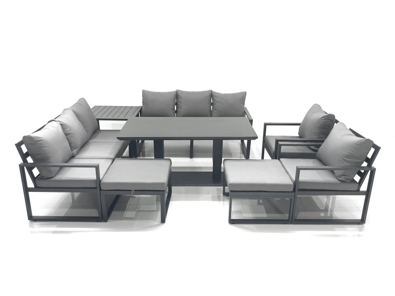 Fimous Garden Sofa Set Aluminium Furniture Rising Dining Tabe Set with 2 Chair 2 Big Footstool Side Table Dark Grey