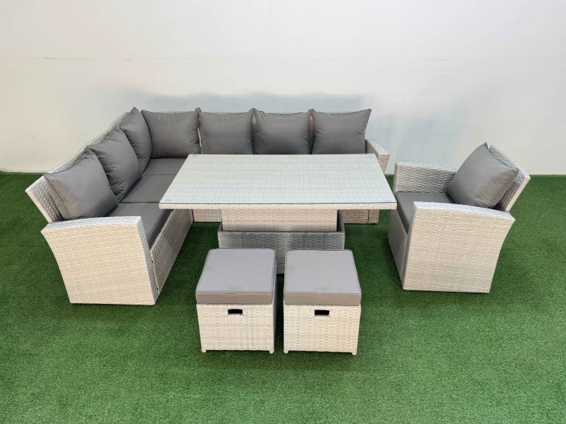 Fimous 9 Seat Rattan Outdoor Garden Furniture Corner Sofa Set Adjustable Lifting Dining or Coffee Table Set with 2 Small Footstools Light Grey